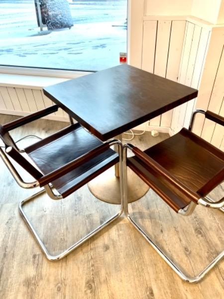 Breakfast table from Jules Wabbes 60s in bronze and end grain wengé 