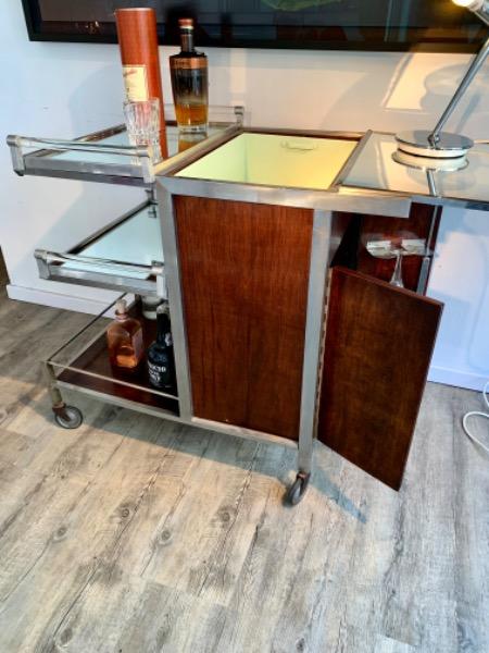 Trolley bar from Jacques Adnet from the 30s two trays, ice bucket, cabinet for the glasses. In mahogany, alu and mirrors ! In great shape 